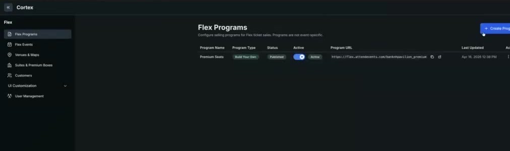 Cortex Flex Programs screen: a 'Premium Seats' program (Build Your Own, Published) with an Active toggle on, and a Create Program button.