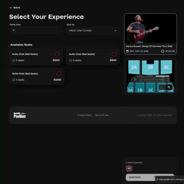 Flex store showing one Suite Club offered as 2, 4, or 6 seats at $400, $800, and $1,200, beside a seat-block map.