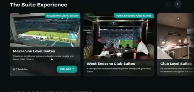Premium store 'The Suite Experience' cards: Mezzanine Level Suites, West Endzone Club Suites, and Club Level Suites, each with a photo and description.