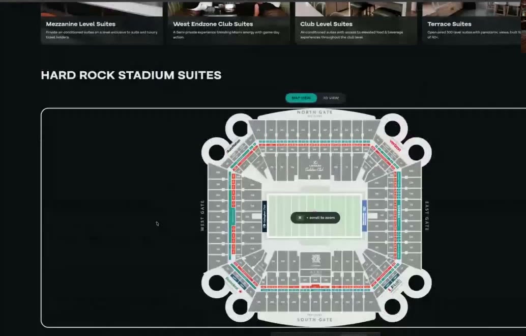 Premium suite-type cards above a clickable 3D Digital Venue map of Hard Rock Stadium, with a Map View / 3D View toggle.