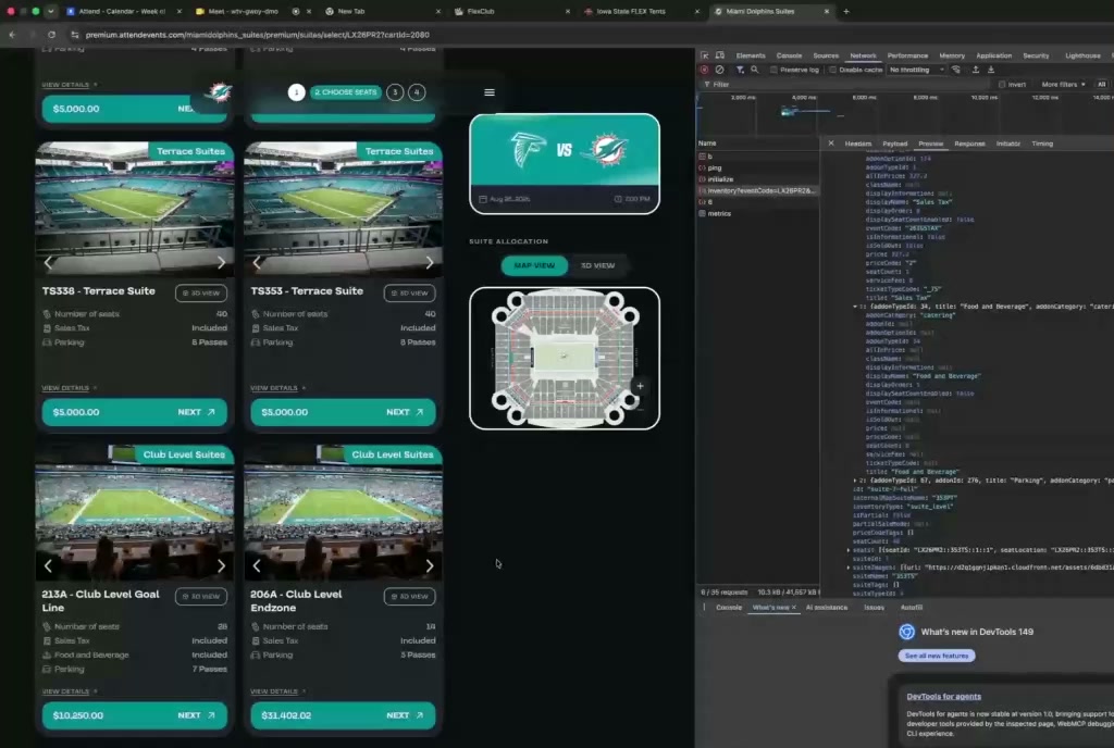 Miami Dolphins Terrace Suites listed at $5,000 each with 'Sales Tax: Included' and 'Parking: 8 Passes', beside DevTools showing the addons in the API response: Sales Tax, Food and Beverage, Parking.