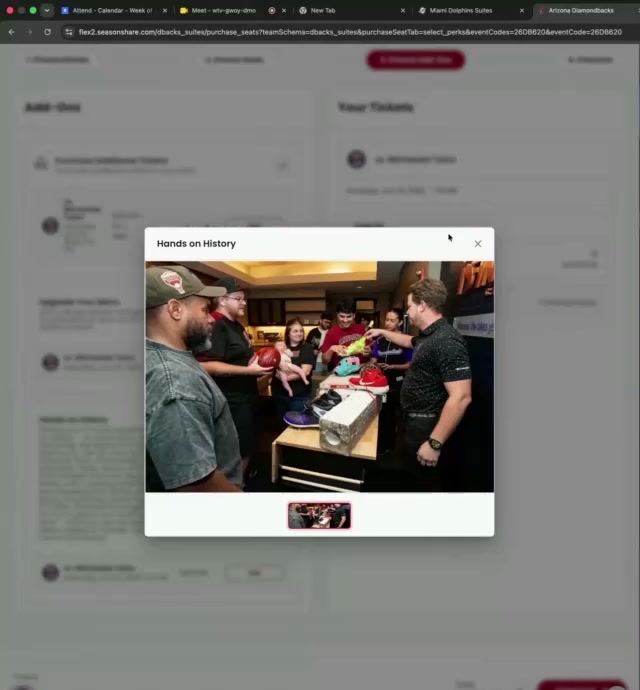 An Add-Ons page with a 'Hands on History' modal showing a merchandise-experience add-on with a photo gallery.