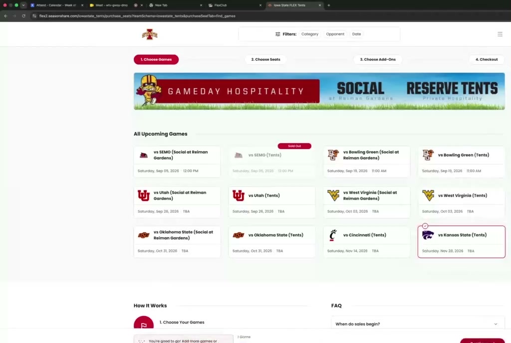 A Flex store titled 'Gameday Hospitality — Social &amp; Reserve Tents': a grid of upcoming games, each sold as a Social or Tents event, with the standard Choose Games → Choose Seats → Choose Add-Ons → Checkout stepper.