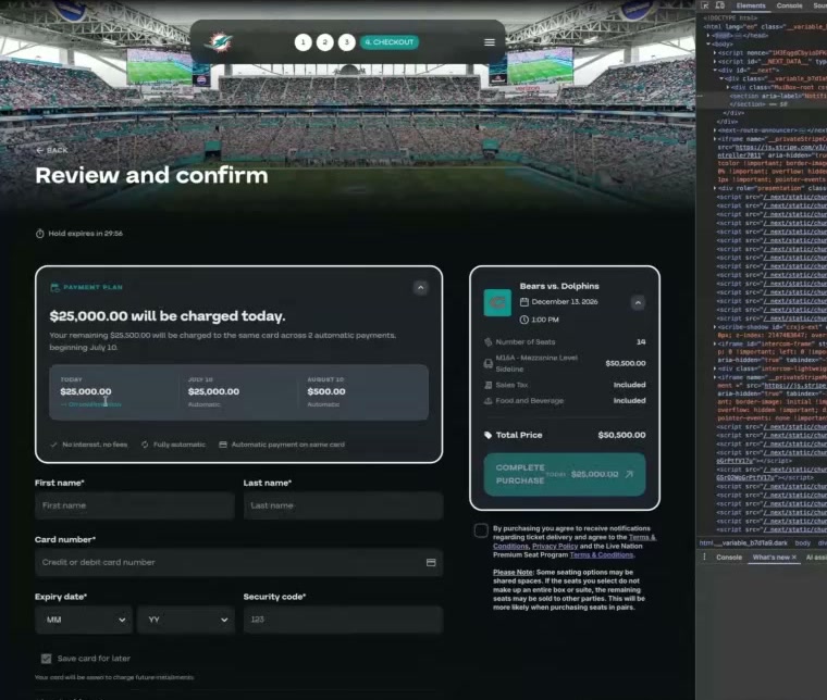 A Miami Dolphins suite checkout: 'PAYMENT PLAN — $25,000.00 will be charged today', with a timeline of Today $25,000 / July 10 $25,000 / August 10 $500, total $50,500, and 'fully automatic, no interest, no fees' badges.